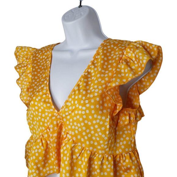 SHEIN Womens Yellow White Floral Cross Front Ruffle Flutter Sleeve Crop Blouse S - Picture 6 of 9